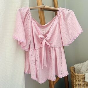 Pink Eyelet Off-Shoulder Top